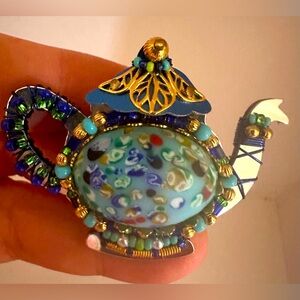 Liztech Liz Tech Artist Handcrafted Teapot Tea Party Pin Brooch Pin Signed Blue